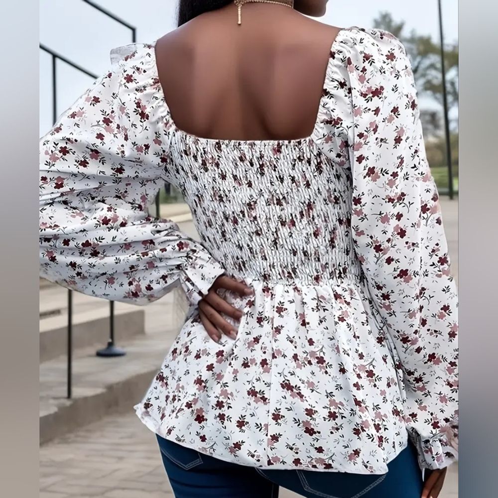 SHEIN Women's White Floral Smocked Long Sleeve Blouse Size Small (4) ๐ - Picture 8 of 11